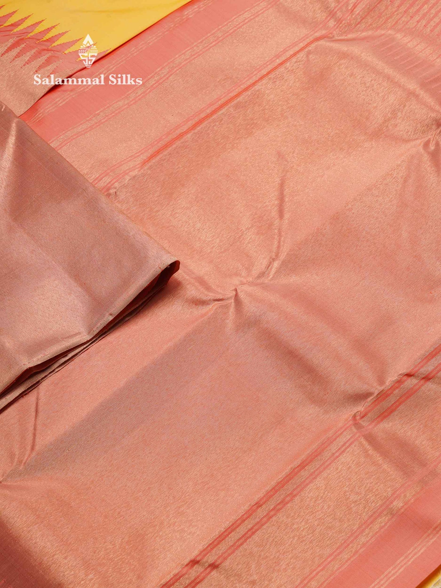 Beautiful Light Yellow 8Kol Pure Kanjivaram Silk Saree With Contrast Onion Pink Traditional Raising Temple Border