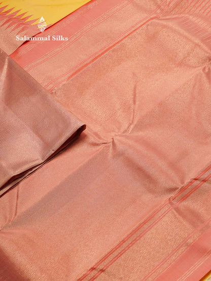 Beautiful Light Yellow 8Kol Pure Kanjivaram Silk Saree With Contrast Onion Pink Traditional Raising Temple Border