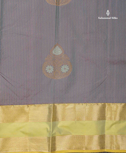 Beautiful Dual Tone Blueish Grey Zari Line With Butta Semi Silk Saree With Contrast Manthulir Green Traditional Evening Morning Gap Border