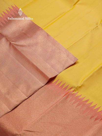 Beautiful Light Yellow 8Kol Pure Kanjivaram Silk Saree With Contrast Onion Pink Traditional Raising Temple Border