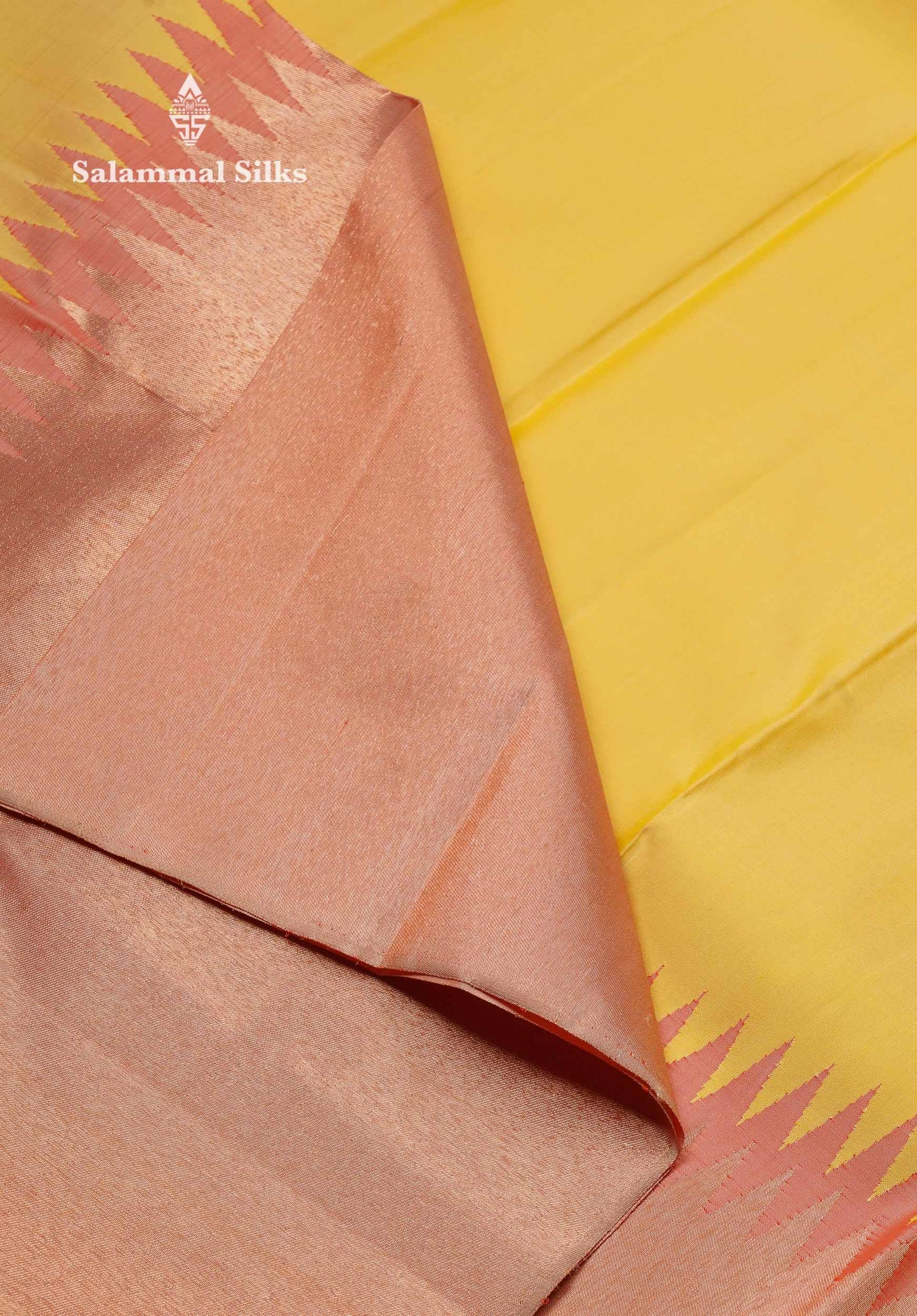 Beautiful Light Yellow 8Kol Pure Kanjivaram Silk Saree With Contrast Onion Pink Traditional Raising Temple Border