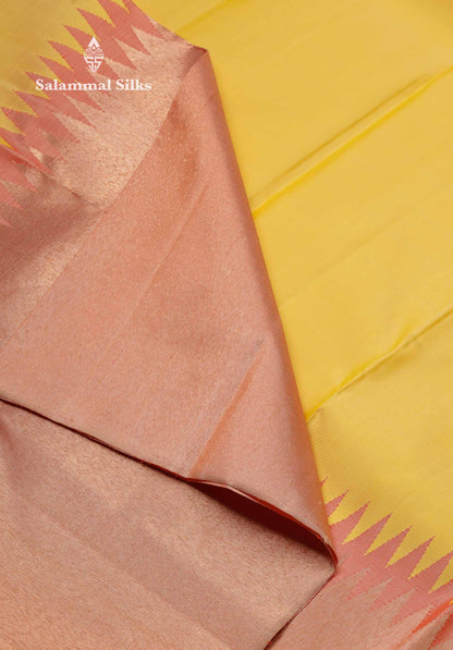 Beautiful Light Yellow 8Kol Pure Kanjivaram Silk Saree With Contrast Onion Pink Traditional Raising Temple Border
