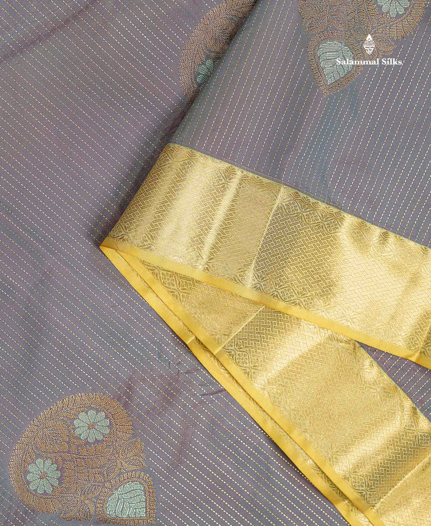 Beautiful Dual Tone Blueish Grey Zari Line With Butta Semi Silk Saree With Contrast Manthulir Green Traditional Evening Morning Gap Border