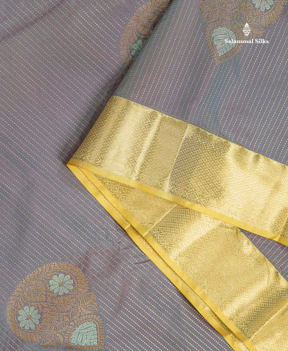 Beautiful Dual Tone Blueish Grey Zari Line With Butta Semi Silk Saree With Contrast Manthulir Green Traditional Evening Morning Gap Border