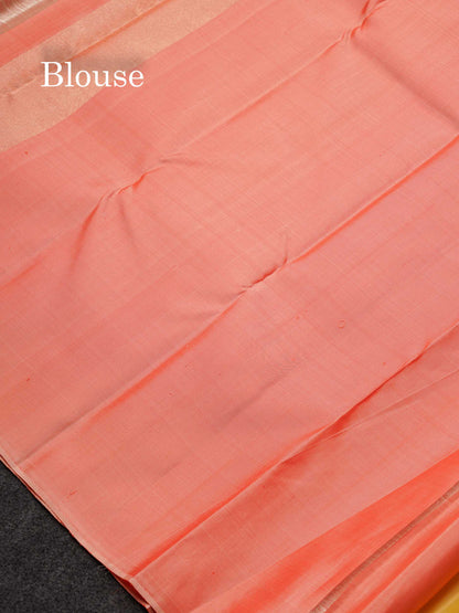 Beautiful Light Yellow 8Kol Pure Kanjivaram Silk Saree With Contrast Onion Pink Traditional Raising Temple Border
