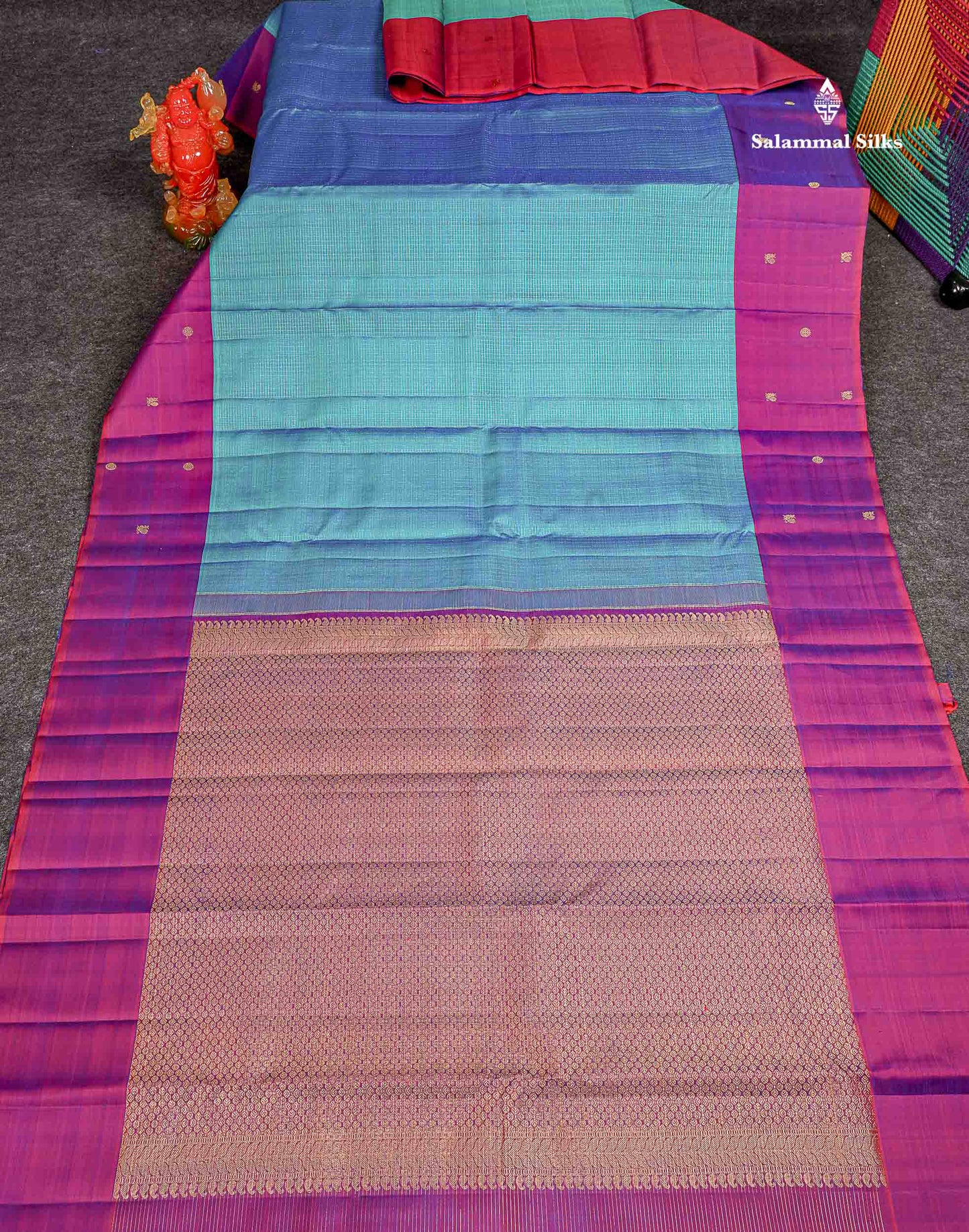 Pure Kanjivaram Silk Saree - Peacock Blue Colour Body Checks With Contrast Magenta Fancy Border