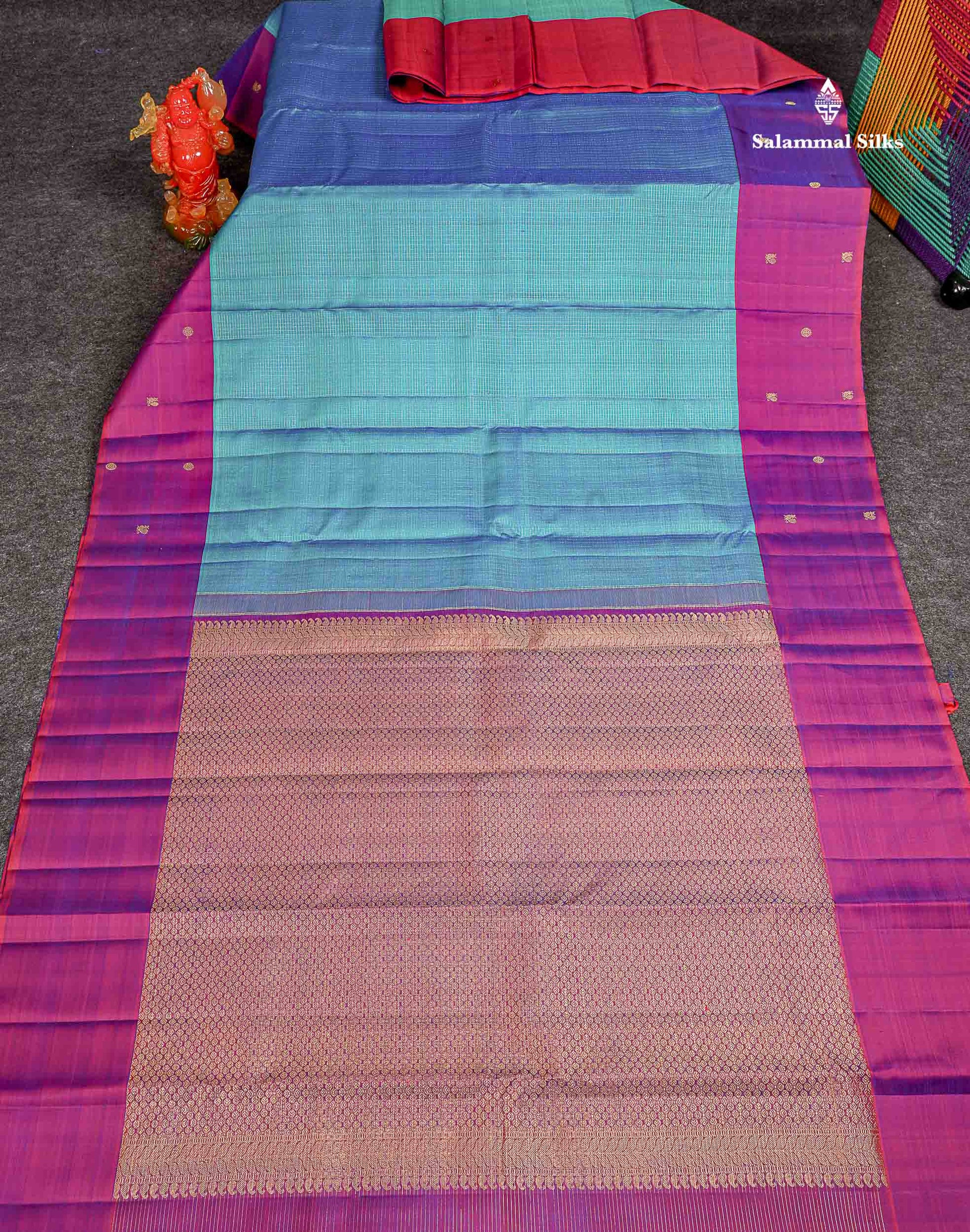 Pure Kanjivaram Silk Saree - Peacock Blue Colour Body Checks With Contrast Magenta Fancy Border