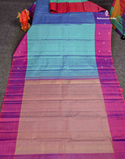 Pure Kanjivaram Silk Saree - Peacock Blue Colour Body Checks With Contrast Magenta Fancy Border