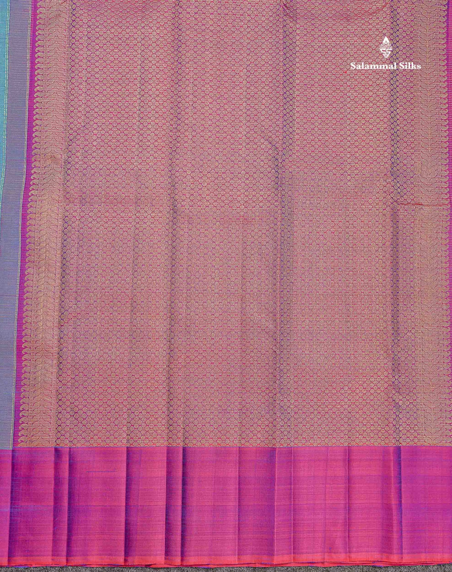 Pure Kanjivaram Silk Saree - Peacock Blue Colour Body Checks With Contrast Magenta Fancy Border