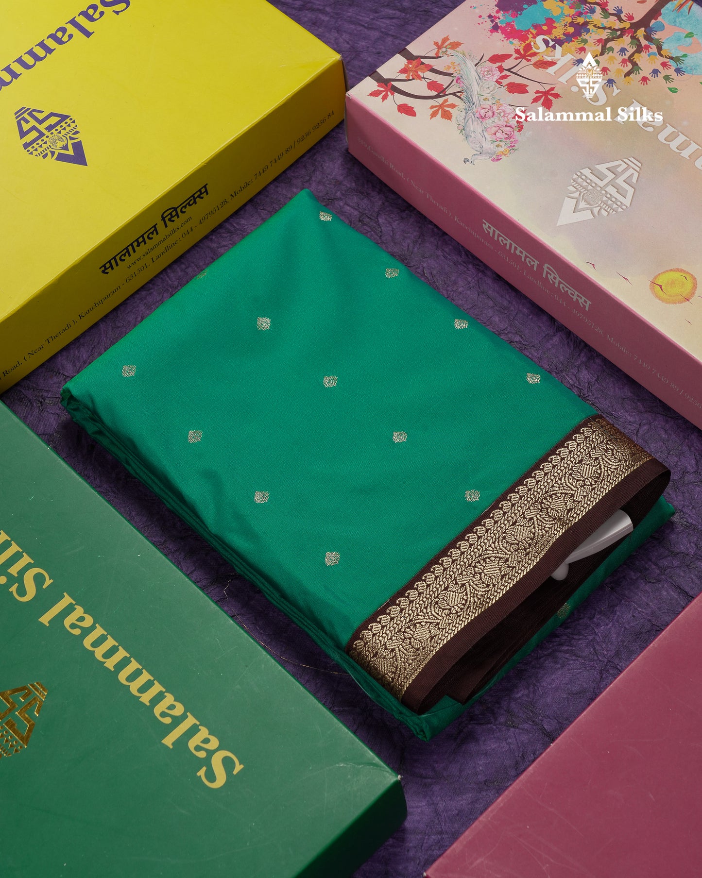 Beautiful Peacock Green Semi Silk Saree With Contrast Dark Brown Traditional Small Border