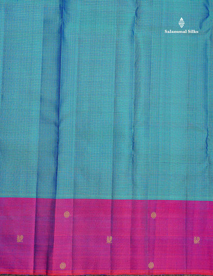 Pure Kanjivaram Silk Saree - Peacock Blue Colour Body Checks With Contrast Magenta Fancy Border