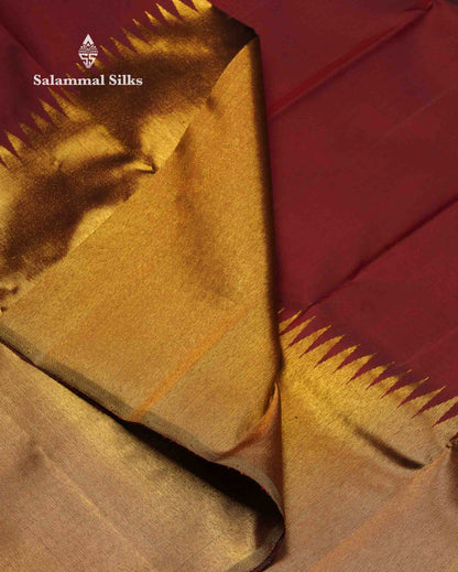 Beautiful Dark Maroon 8Kol Pure Kanjivaram Silk Saree With Traditional Raising Temple Border