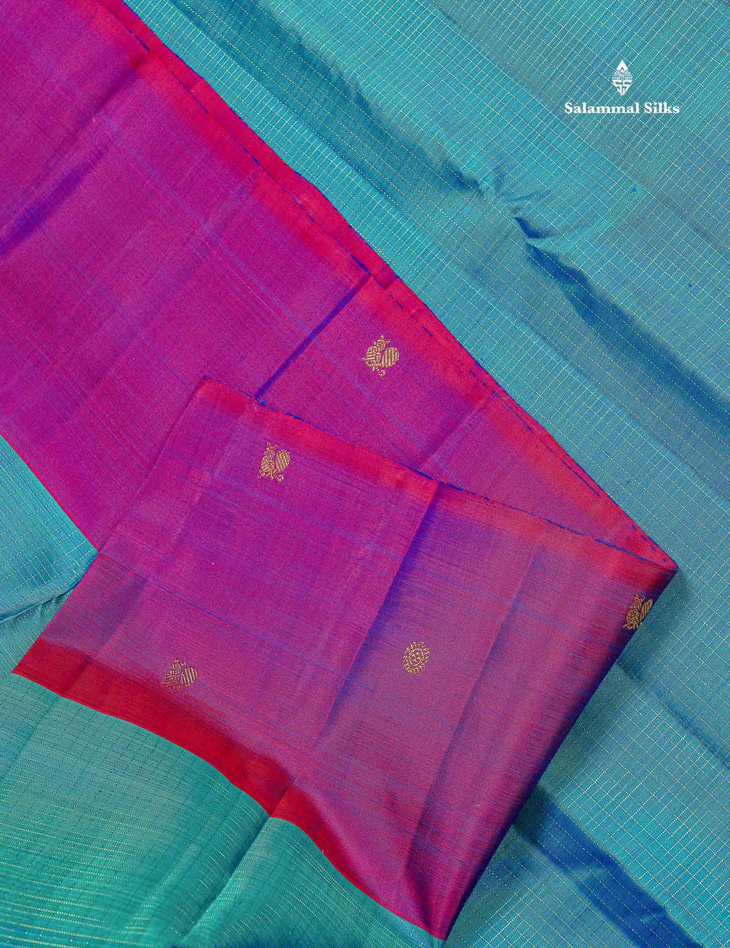 Pure Kanjivaram Silk Saree - Peacock Blue Colour Body Checks With Contrast Magenta Fancy Border