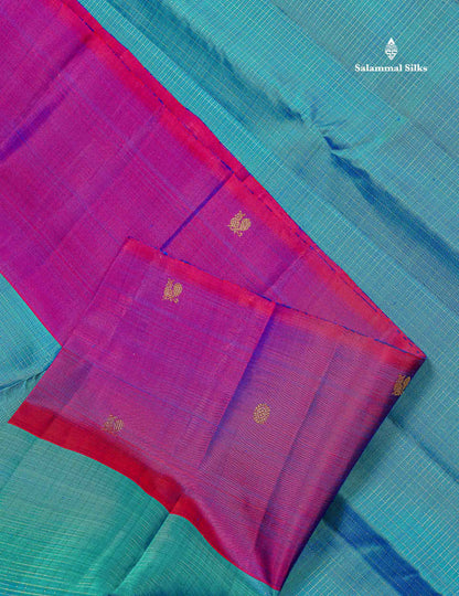 Pure Kanjivaram Silk Saree - Peacock Blue Colour Body Checks With Contrast Magenta Fancy Border