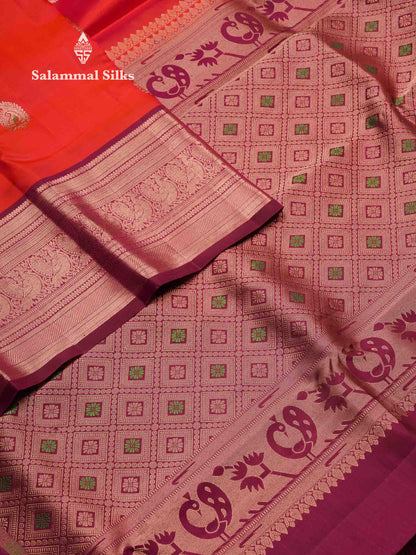 Beautiful Redish Pink Pure Kanjivaram Silk Saree With Contrast Magenta Traditional Evening Morning Border