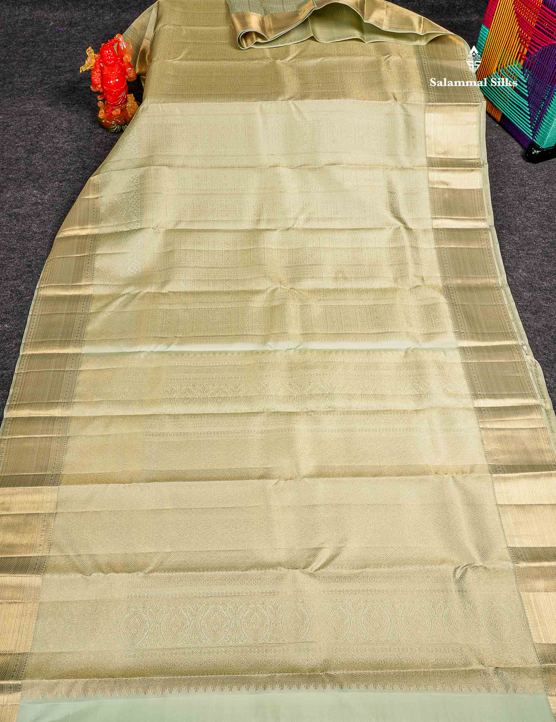 Bridal Pure Kanjivaram Silk Saree - Cream Green Colour Body With Traditional Border