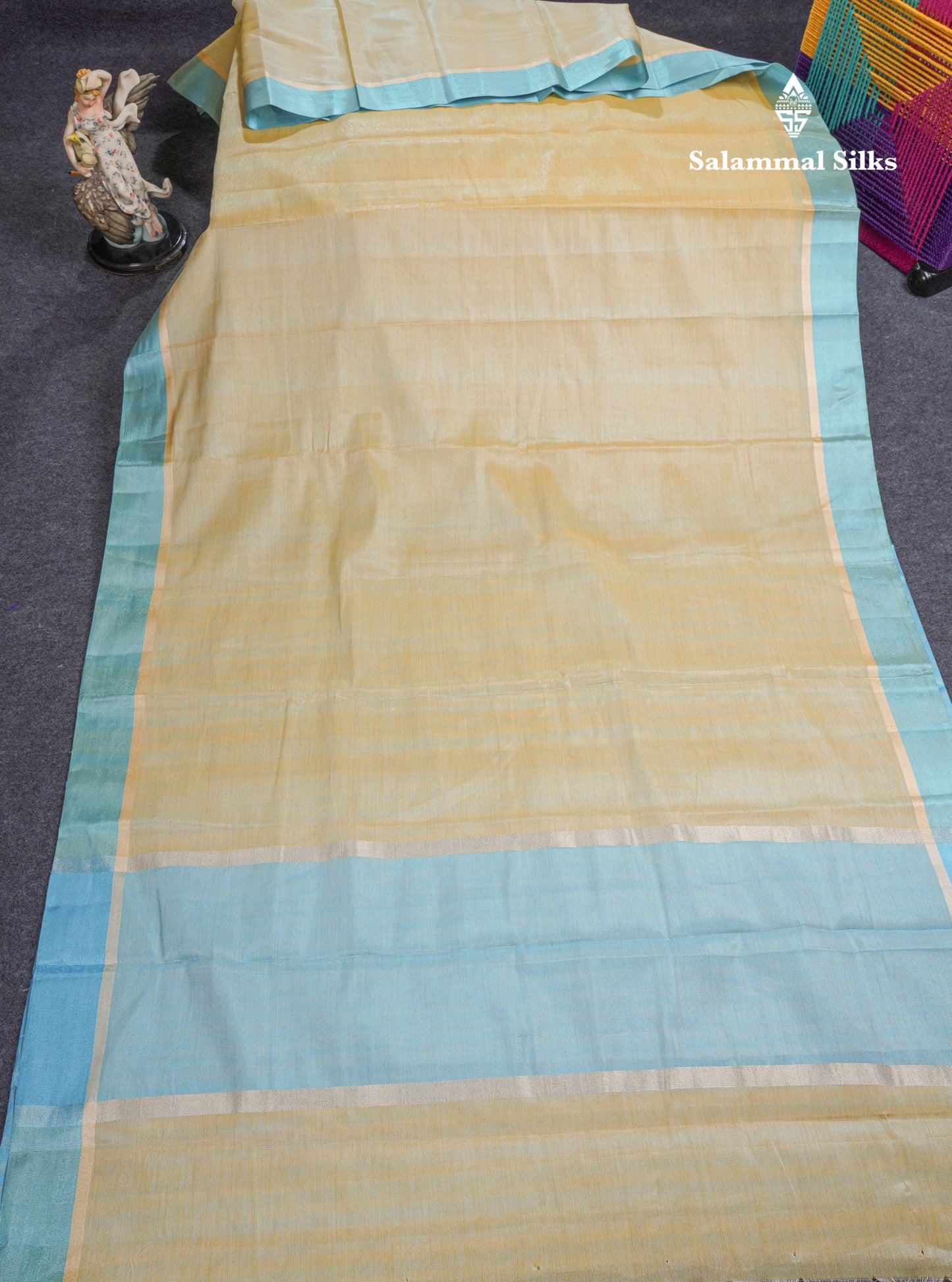 Beautiful Golden Yellow Kota Cotton Plain Tissue Fancy Saree With Sky Blue Border
