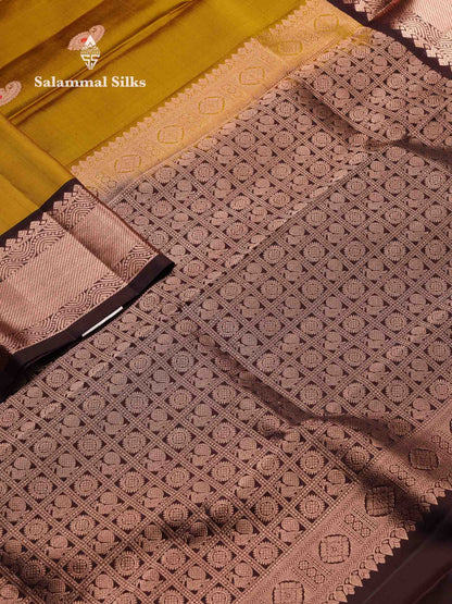 Beautiful Olive Mustard Yellow Pure Kanjivaram Silk Saree With Contrast Dark Brown Traditional Border