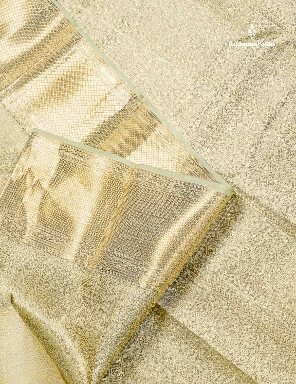 Bridal Pure Kanjivaram Silk Saree - Cream Green Colour Body With Traditional Border