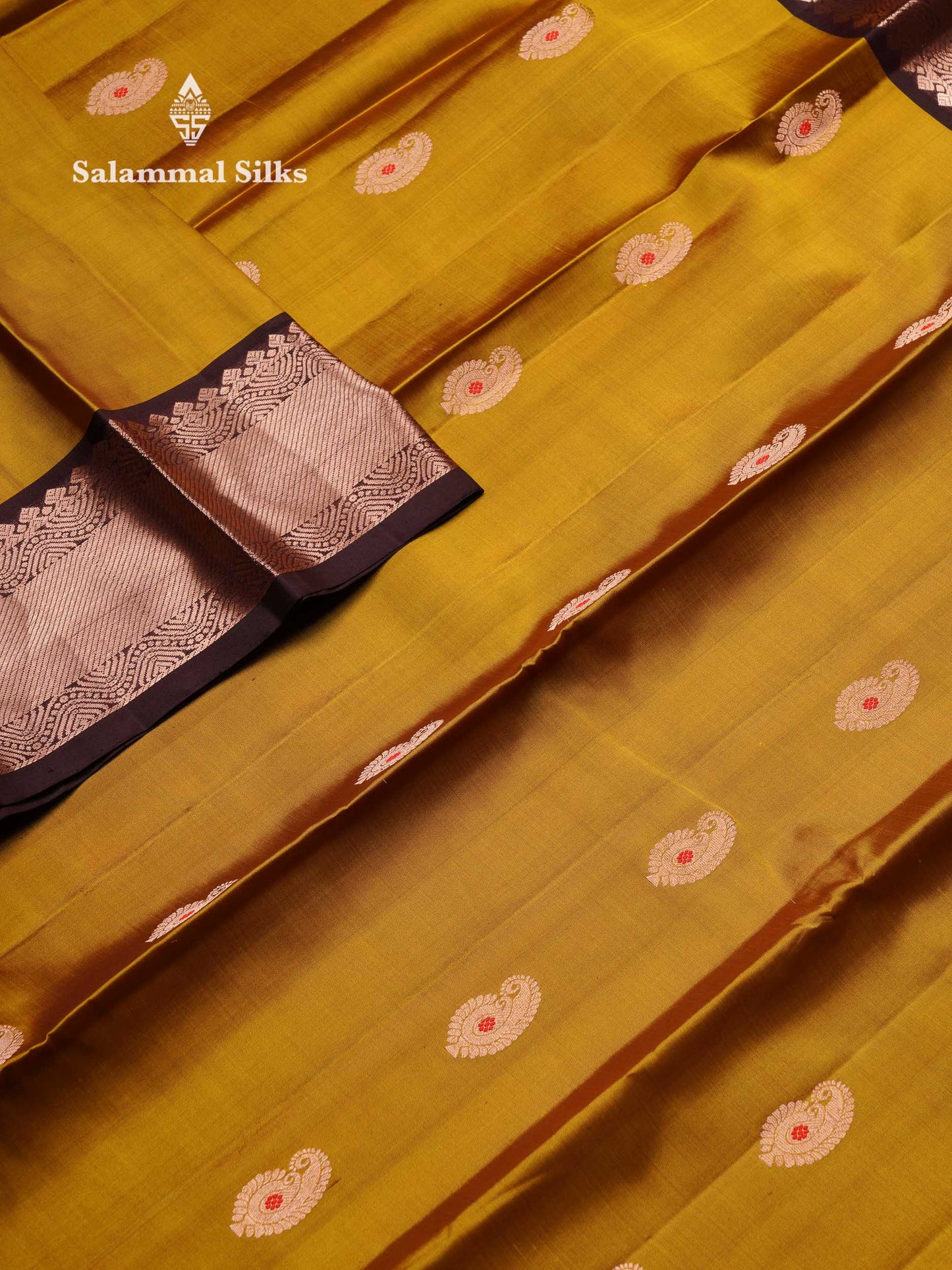 Beautiful Olive Mustard Yellow Pure Kanjivaram Silk Saree With Contrast Dark Brown Traditional Border