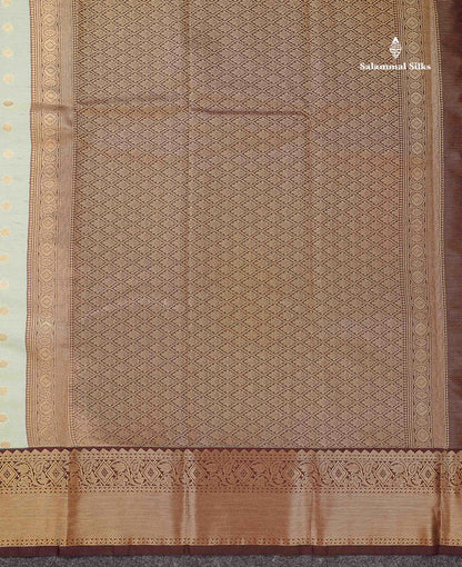 Beautiful Light Elaichi Green Vaira Oosi Lines With Traditional Buttas Semi Silk Saree With Contrast Dark Brown Border