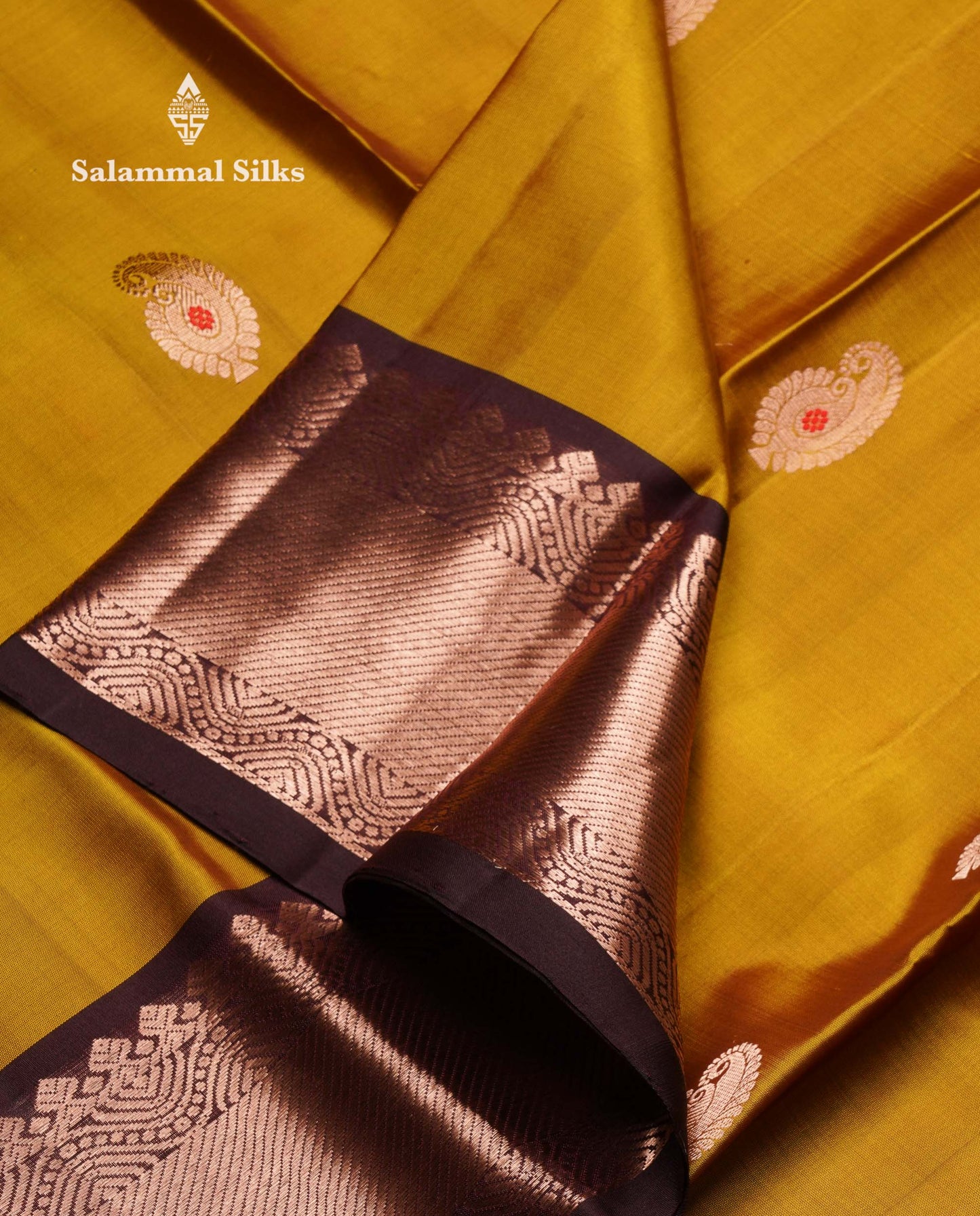 Beautiful Olive Mustard Yellow Pure Kanjivaram Silk Saree With Contrast Dark Brown Traditional Border