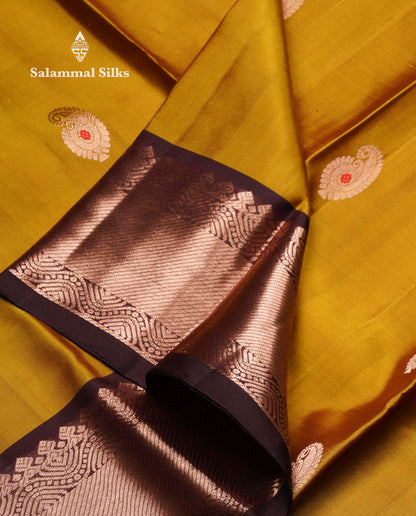 Beautiful Olive Mustard Yellow Pure Kanjivaram Silk Saree With Contrast Dark Brown Traditional Border