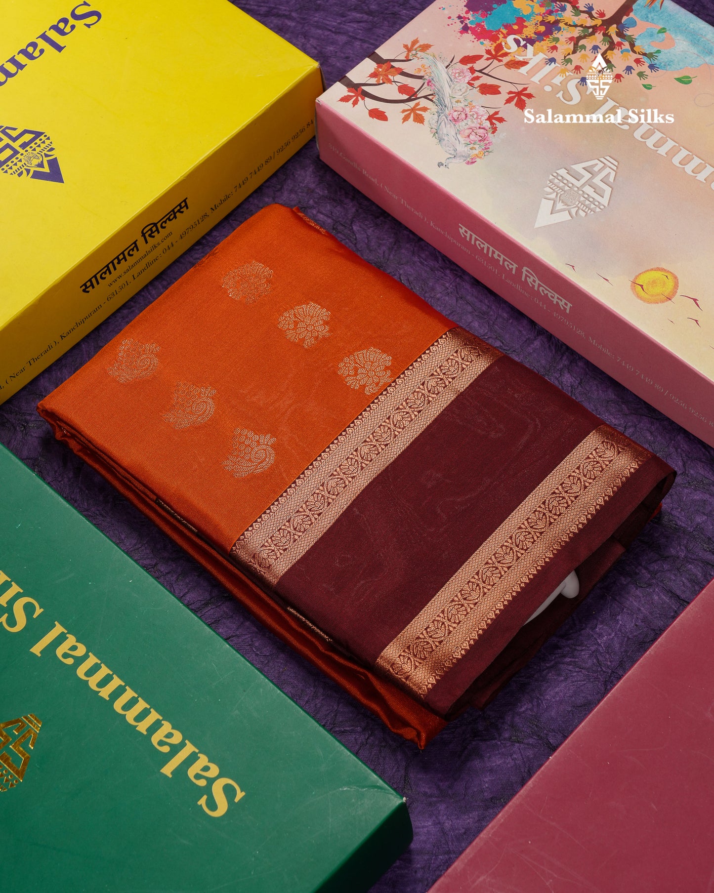 Beautiful Rust Orange Semi Silk Saree With Contrast Dark Brown Traditional Gap Border