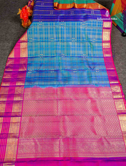 Pure Kanjivaram Silk Saree - Dual Tone Peacock Blue Colour Body With Contrast Dual Tone Purple Border