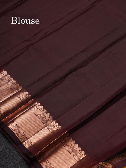 Beautiful Dual Tone Magenta Silver & Gold Zari Buttas With Menakari Work Pure Kanjivaram Silk Saree With Contrast Dark Brown Traditional Evening Morning Border