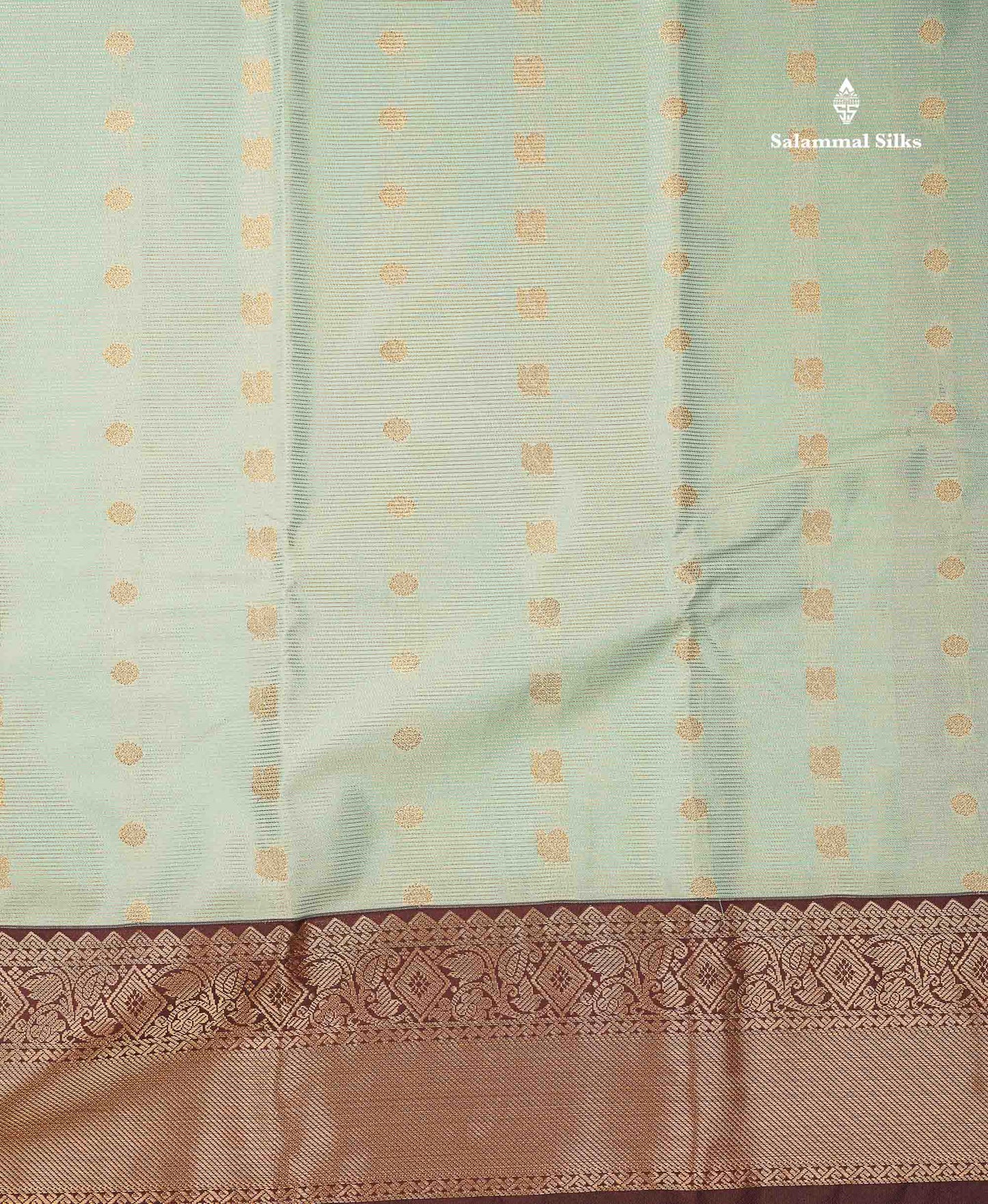 Beautiful Light Elaichi Green Vaira Oosi Lines With Traditional Buttas Semi Silk Saree With Contrast Dark Brown Border