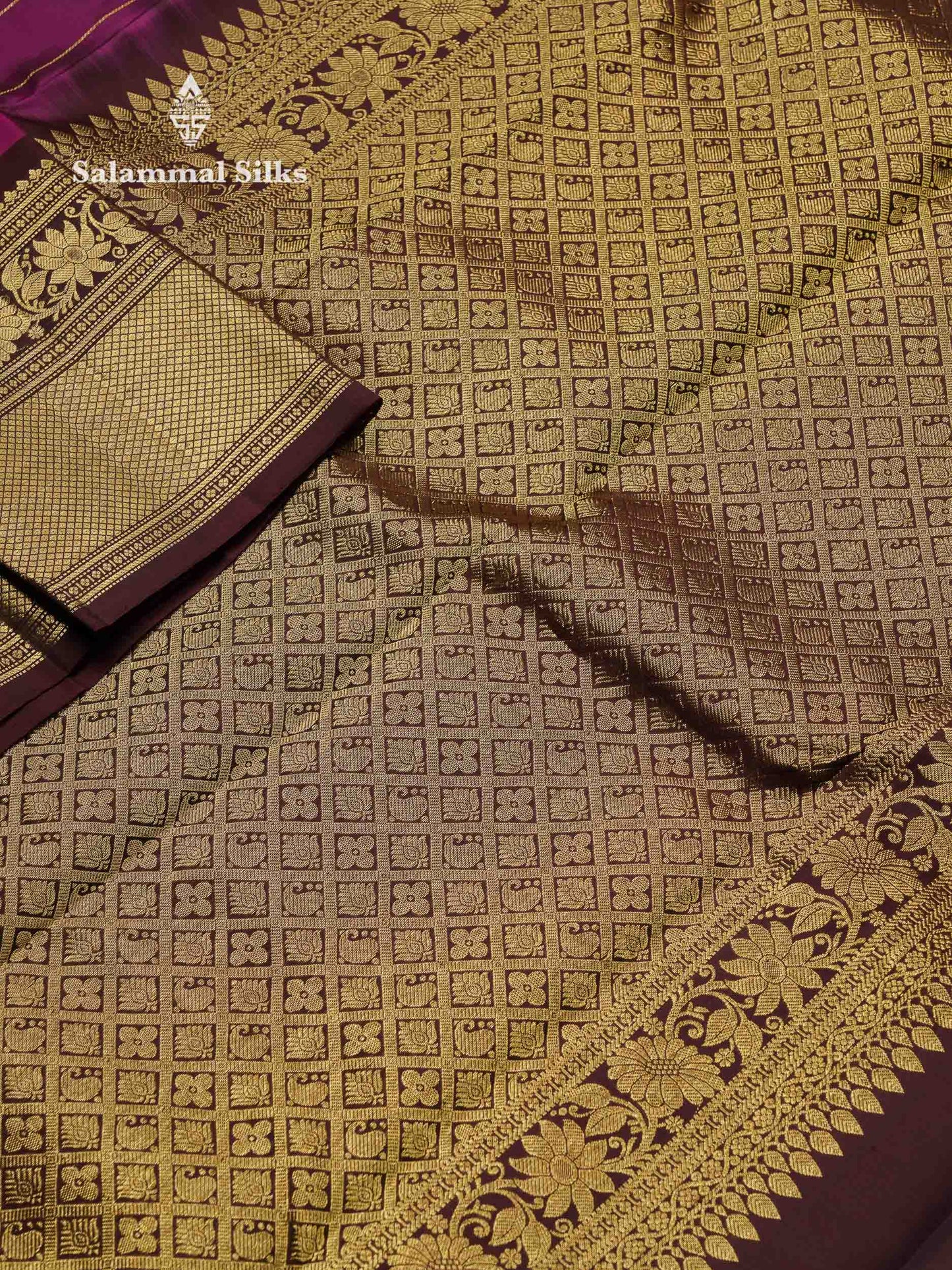 Beautiful Dual Tone Magenta Silver & Gold Zari Buttas With Menakari Work Pure Kanjivaram Silk Saree With Contrast Dark Brown Traditional Evening Morning Border