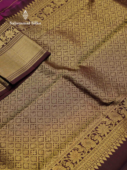 Beautiful Dual Tone Magenta Silver & Gold Zari Buttas With Menakari Work Pure Kanjivaram Silk Saree With Contrast Dark Brown Traditional Evening Morning Border