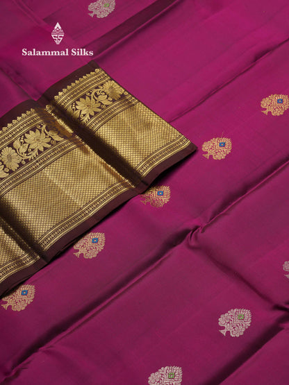Beautiful Dual Tone Magenta Silver & Gold Zari Buttas With Menakari Work Pure Kanjivaram Silk Saree With Contrast Dark Brown Traditional Evening Morning Border