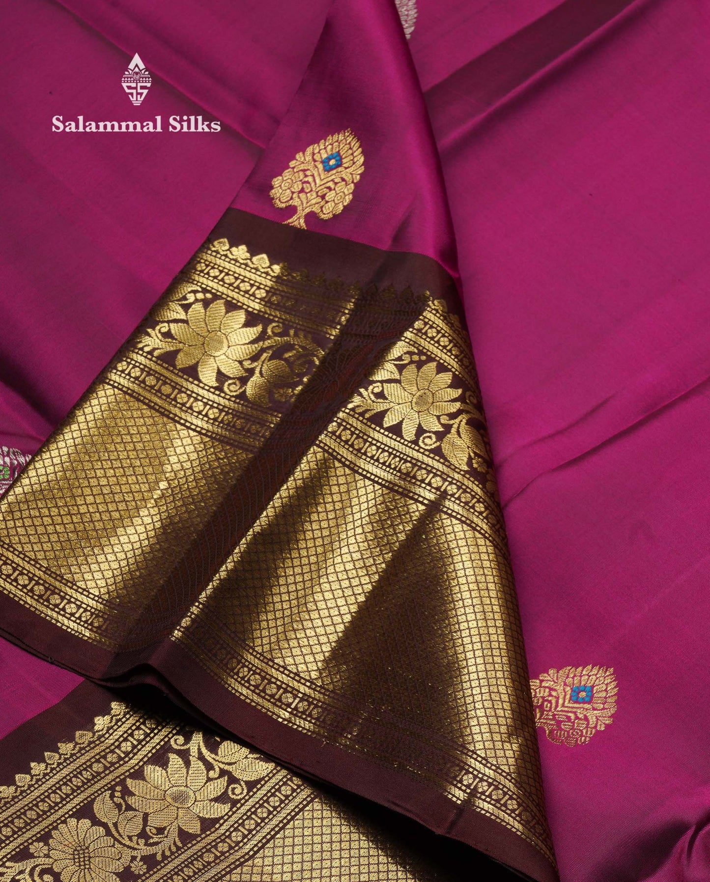Beautiful Dual Tone Magenta Silver & Gold Zari Buttas With Menakari Work Pure Kanjivaram Silk Saree With Contrast Dark Brown Traditional Evening Morning Border