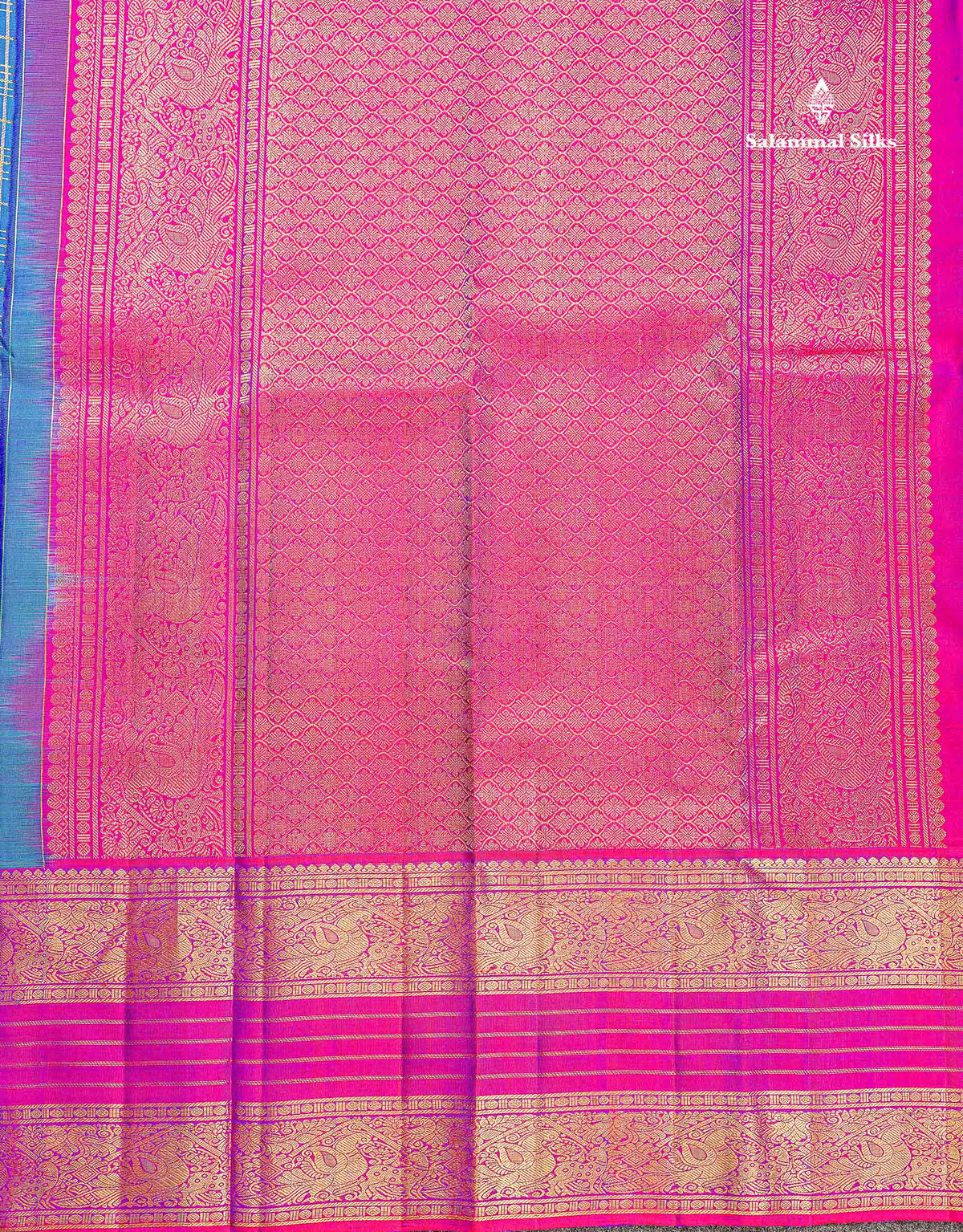 Pure Kanjivaram Silk Saree - Dual Tone Peacock Blue Colour Body With Contrast Dual Tone Purple Border