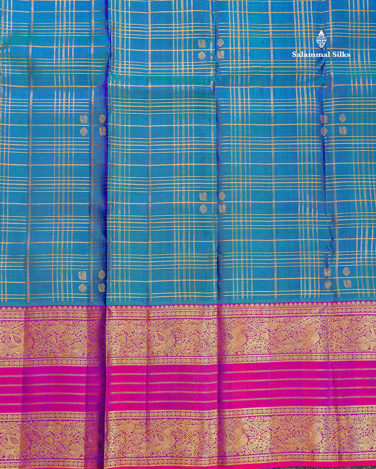 Pure Kanjivaram Silk Saree - Dual Tone Peacock Blue Colour Body With Contrast Dual Tone Purple Border