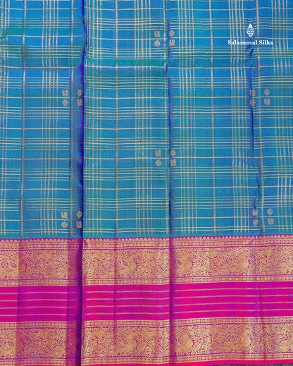 Pure Kanjivaram Silk Saree - Dual Tone Peacock Blue Colour Body With Contrast Dual Tone Purple Border