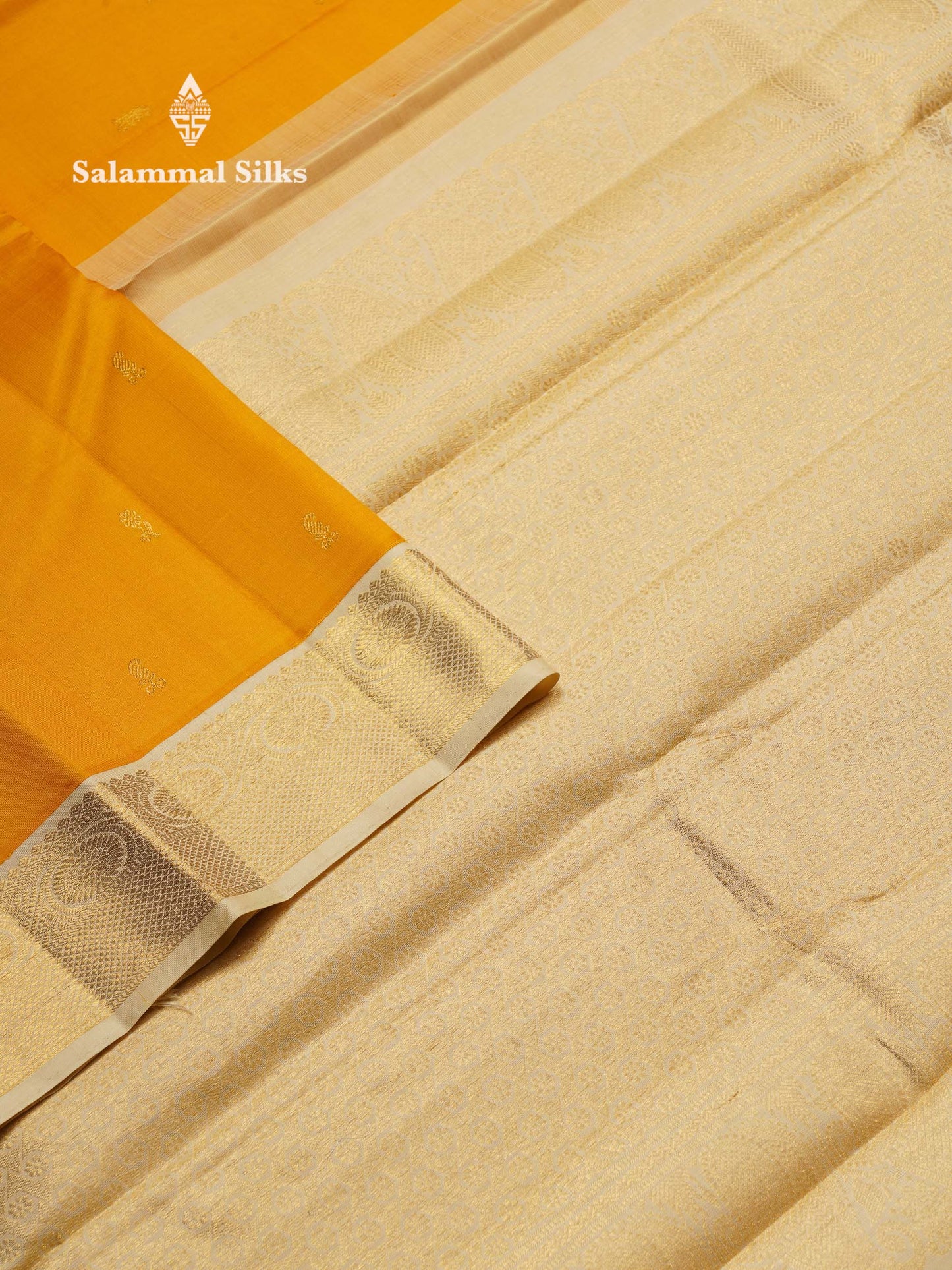 Korvai Beautiful Yellow Pure Kanjivaram Silk Saree With Contrast Cream Traditional Medium Border