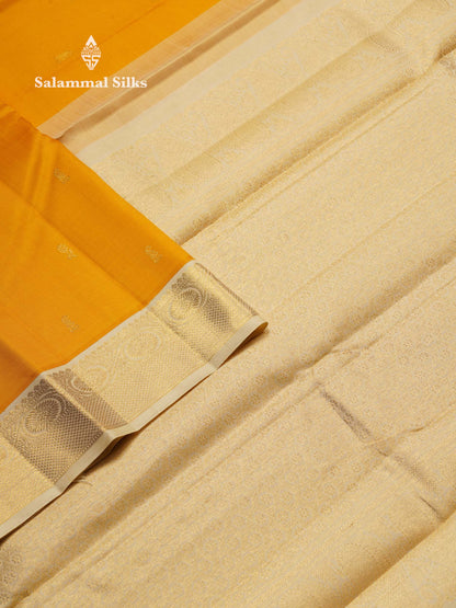 Korvai Beautiful Yellow Pure Kanjivaram Silk Saree With Contrast Cream Traditional Medium Border