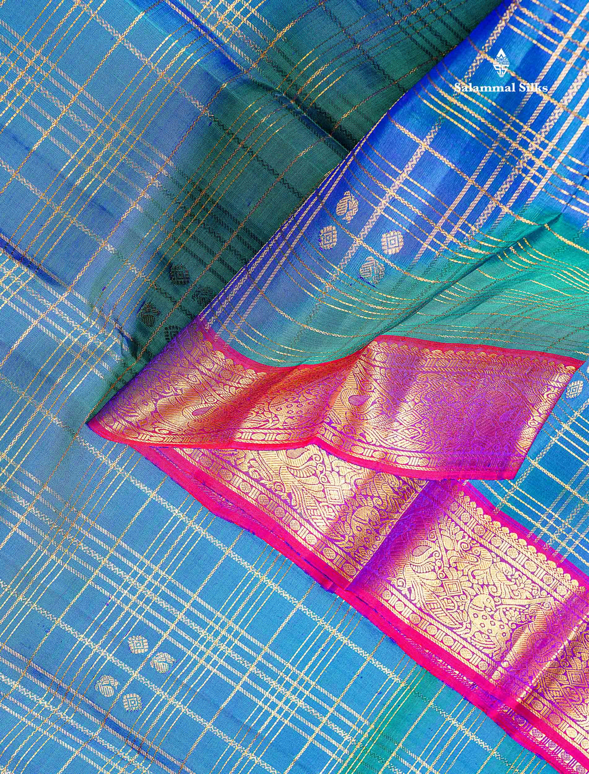 Pure Kanjivaram Silk Saree - Dual Tone Peacock Blue Colour Body With Contrast Dual Tone Purple Border