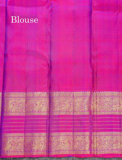 Pure Kanjivaram Silk Saree - Dual Tone Peacock Blue Colour Body With Contrast Dual Tone Purple Border