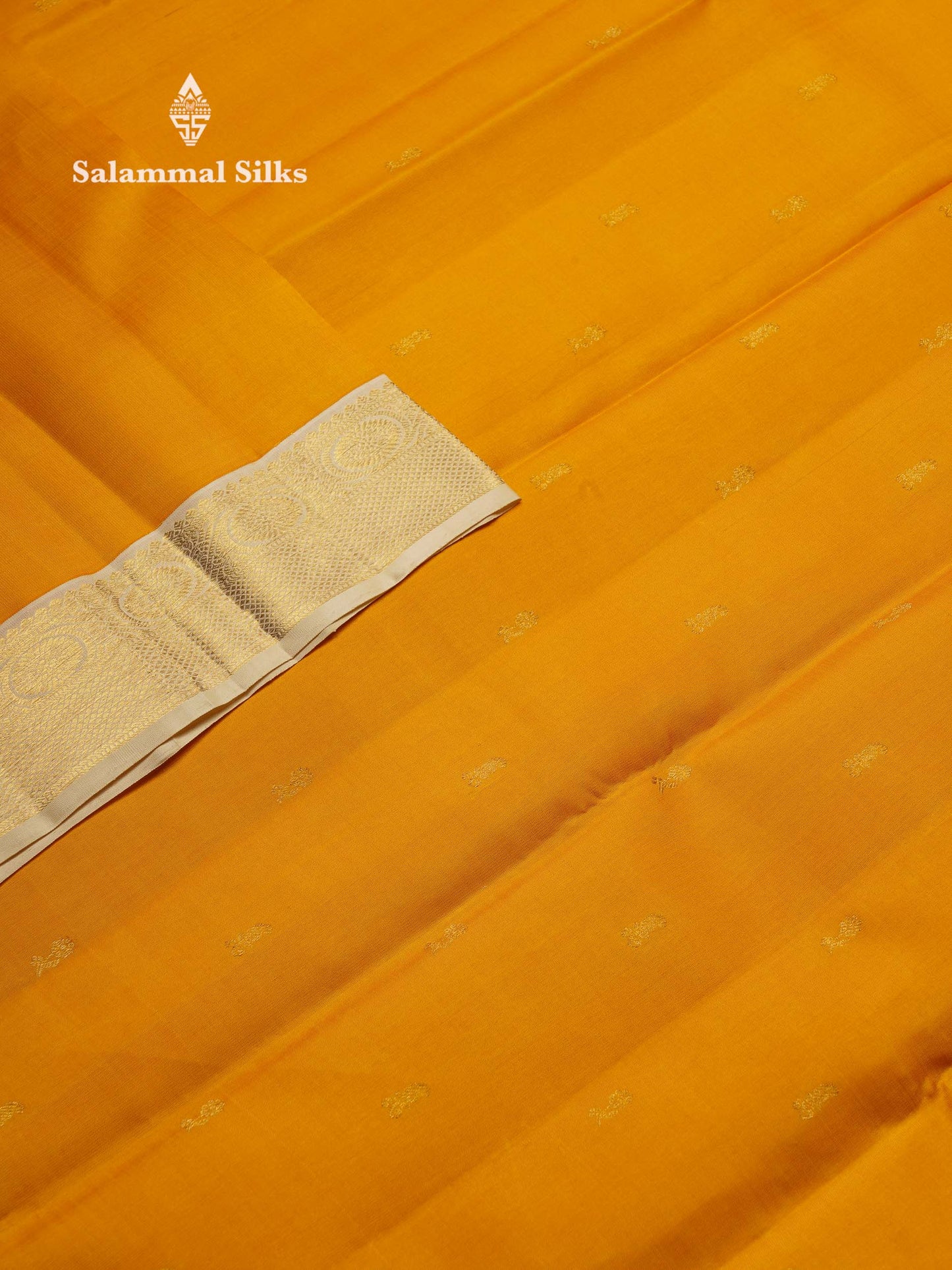 Korvai Beautiful Yellow Pure Kanjivaram Silk Saree With Contrast Cream Traditional Medium Border