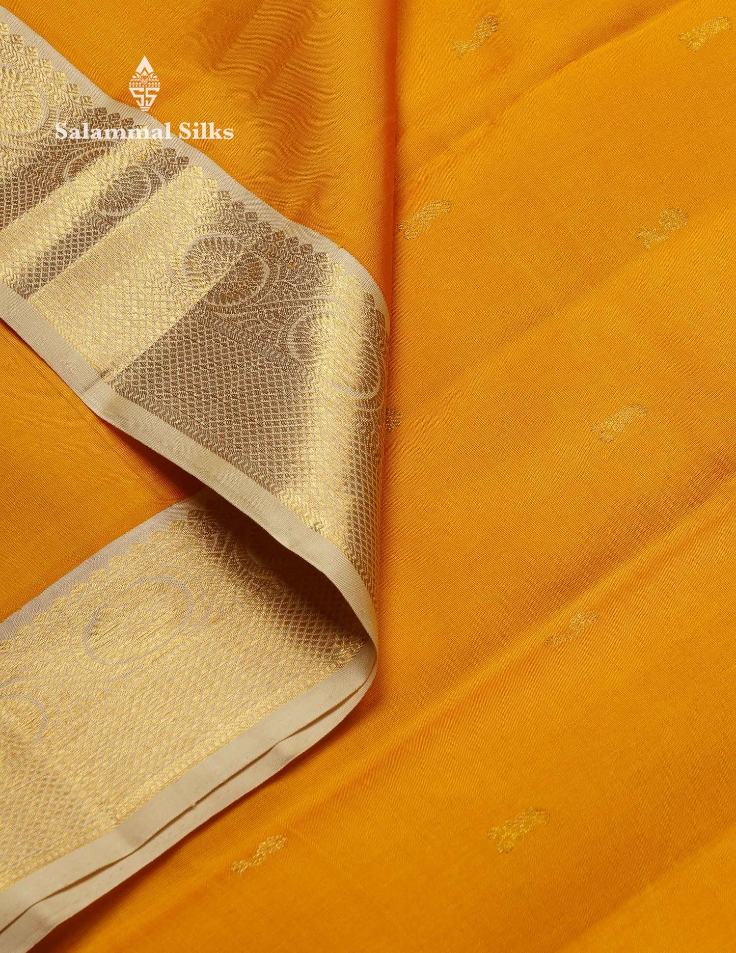 Korvai Beautiful Yellow Pure Kanjivaram Silk Saree With Contrast Cream Traditional Medium Border