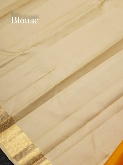 Korvai Beautiful Yellow Pure Kanjivaram Silk Saree With Contrast Cream Traditional Medium Border