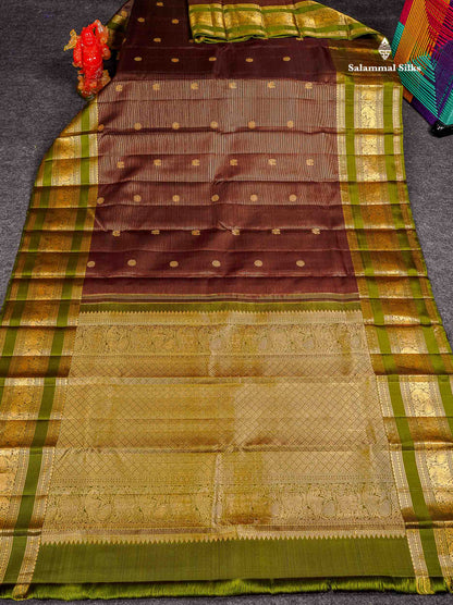 Pure Kanjivaram Silk Saree - Dark Brown Colour Body Vaira Oosi Lines With Butts Contrast Olive Green Border
