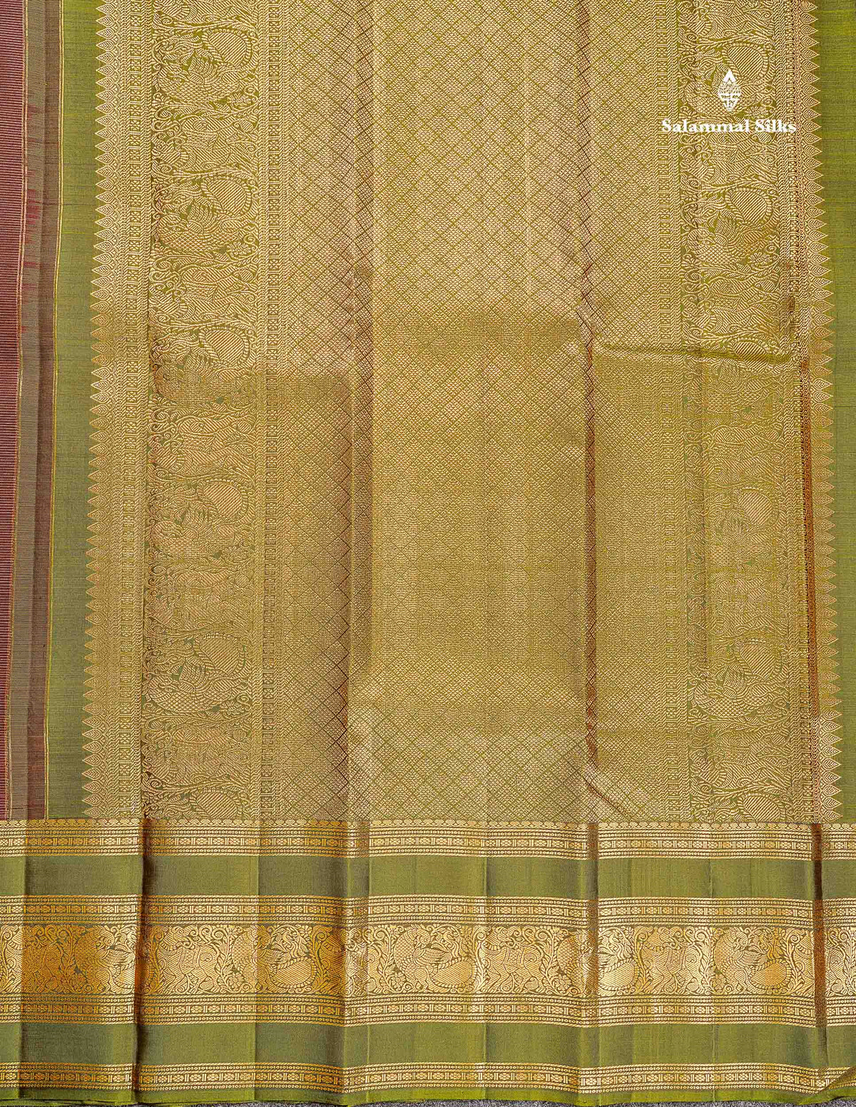 Pure Kanjivaram Silk Saree - Dark Brown Colour Body Vaira Oosi Lines With Butts Contrast Olive Green Border