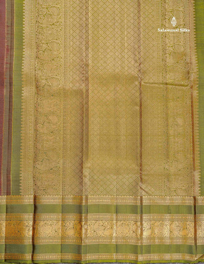 Pure Kanjivaram Silk Saree - Dark Brown Colour Body Vaira Oosi Lines With Butts Contrast Olive Green Border
