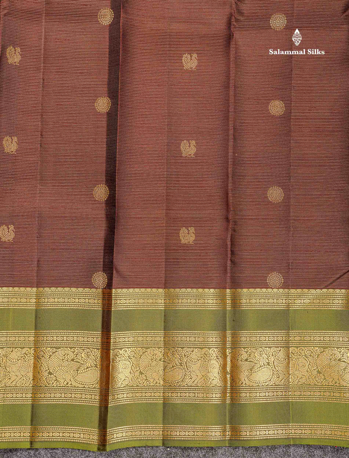 Pure Kanjivaram Silk Saree - Dark Brown Colour Body Vaira Oosi Lines With Butts Contrast Olive Green Border
