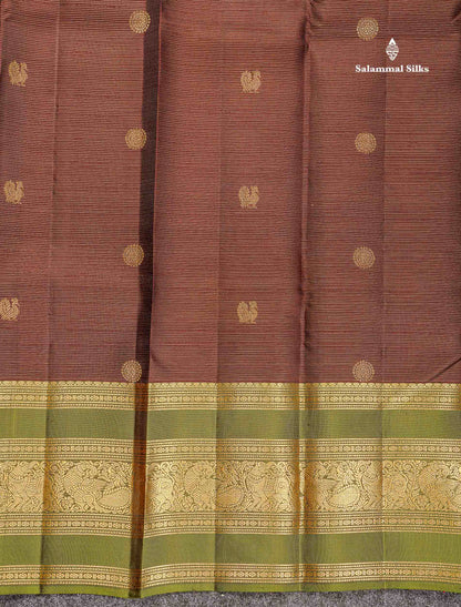 Pure Kanjivaram Silk Saree - Dark Brown Colour Body Vaira Oosi Lines With Butts Contrast Olive Green Border